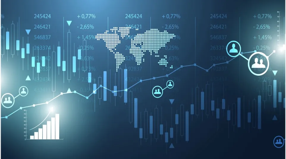 Digital world map with financial charts, graphs, and user connection icons illustrating global data analytics.