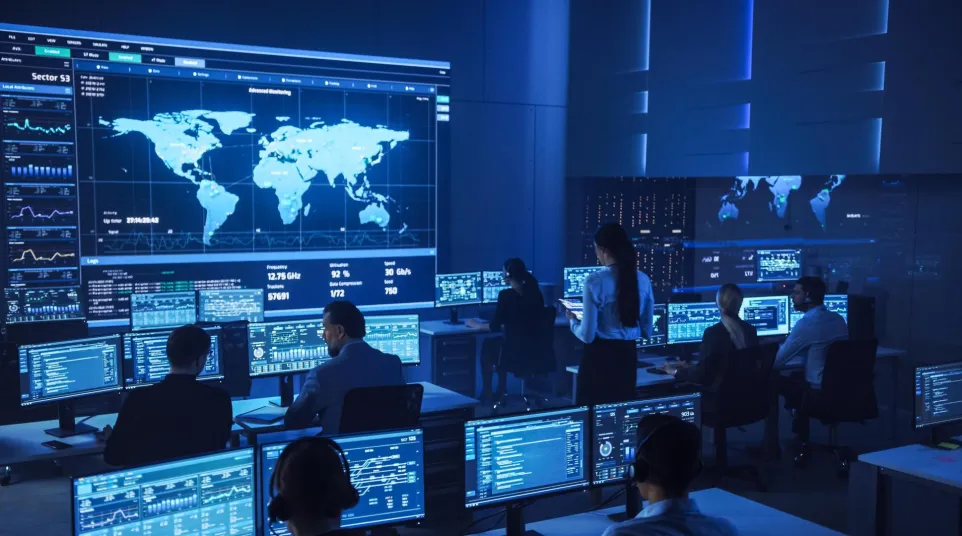 Cybersecurity team monitoring global threats on large digital maps and multiple computer screens in a control room.