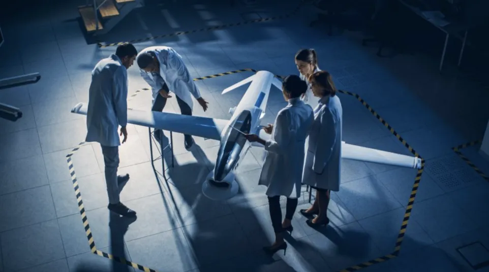 Scientists examining a model aircraft in a high-tech laboratory setting.