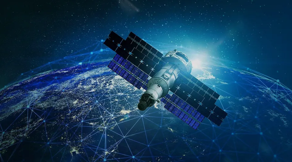 Satellite orbiting Earth with network connections and illuminated city lights visible on the planet's surface.