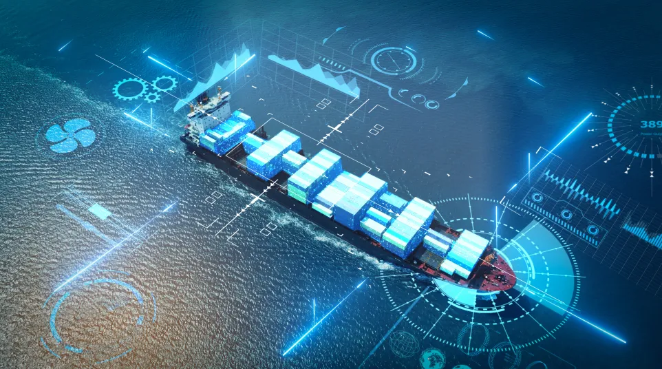 Cargo ship with containers at sea surrounded by digital logistics and data interface graphics.