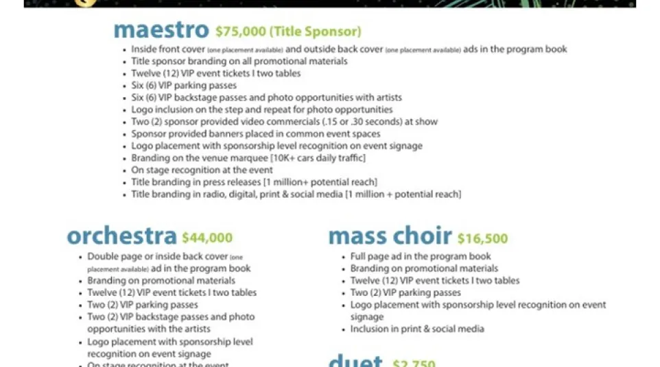 2025 Sounds of Good Medicine sponsorship levels with benefits and pricing for Maestro, Orchestra, Mass Choir, Duet, Ensemble, and Sheet Music.