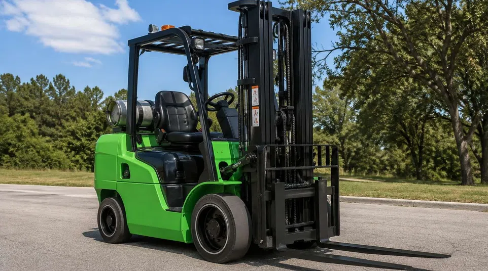 Green forklift parked on pavement near trees under a clear blue sky on a sunny day