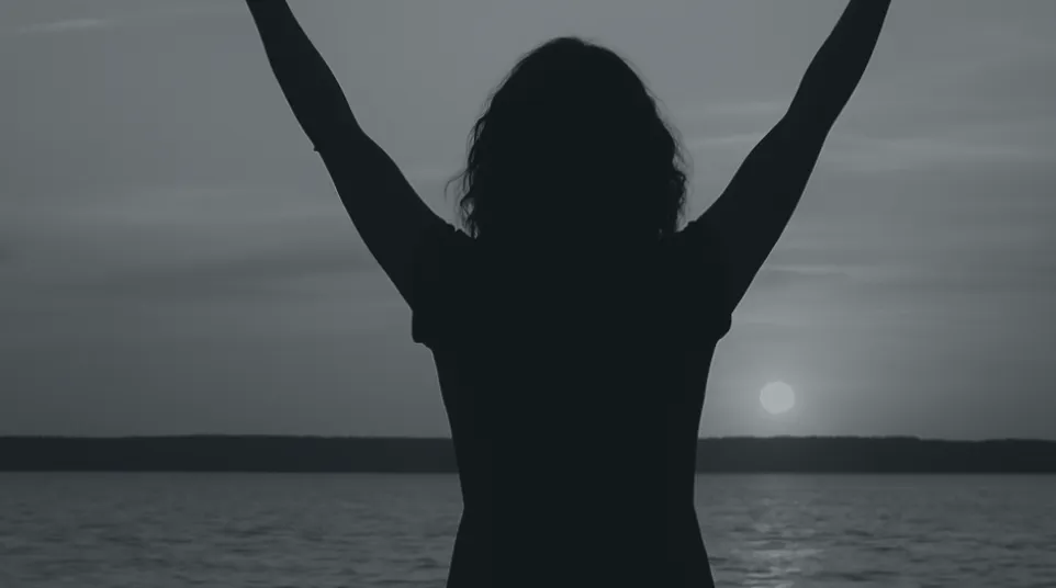 Silhouette of a person with raised arms facing a sunset over calm water and distant horizon.