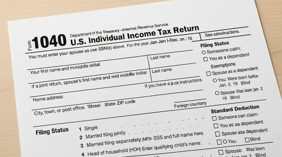 Close-up of IRS Form 1040 for U.S. Individual Income Tax Return with filing status and deduction options.