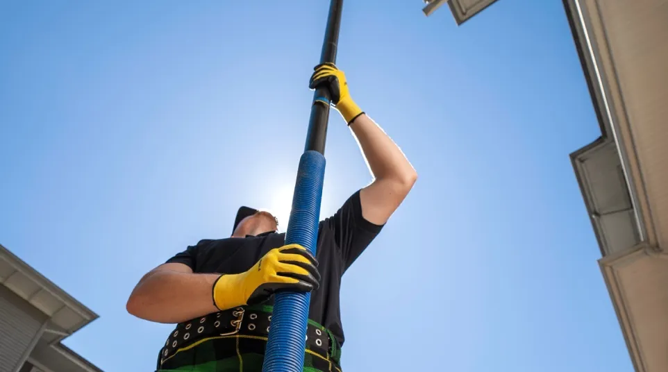 Man in a green kilt using a long pole tool to clean gutters under a clear blue sky.