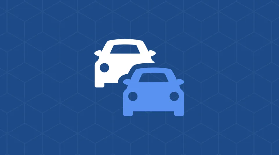 Two stylized cars, one white and one blue, on a blue geometric patterned background.