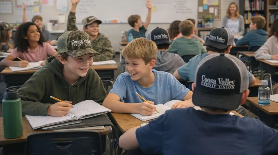 Students smiling and collaborating while writing in notebooks in a lively classroom setting with raised hands.