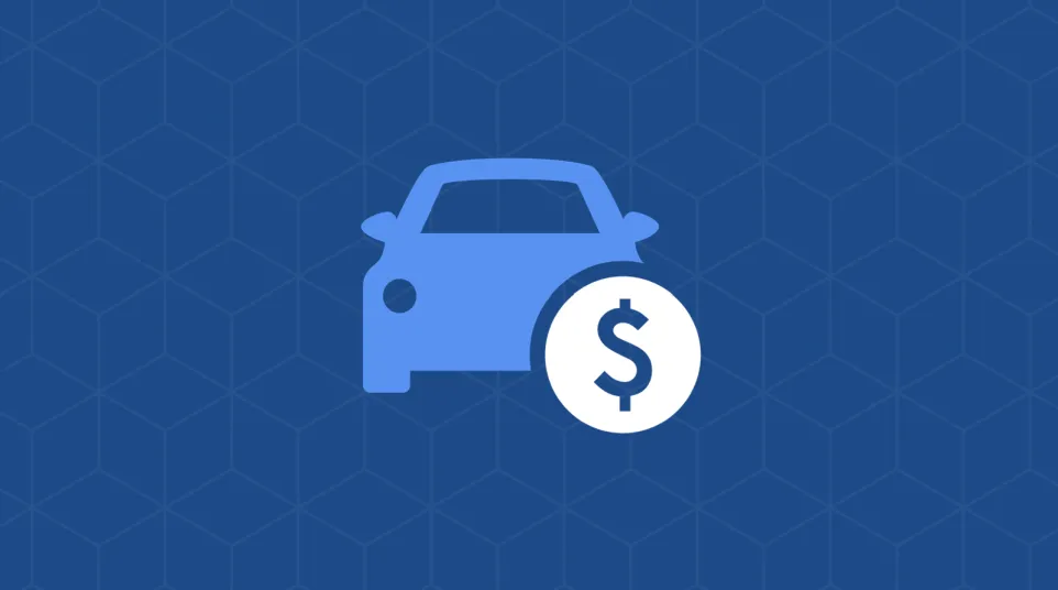 Blue car icon with a dollar sign coin on a patterned blue background symbolizing car financing or cost