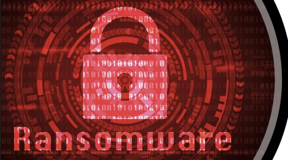 Red digital lock icon with binary code and the word ransomware symbolizing cyberattack security threat.