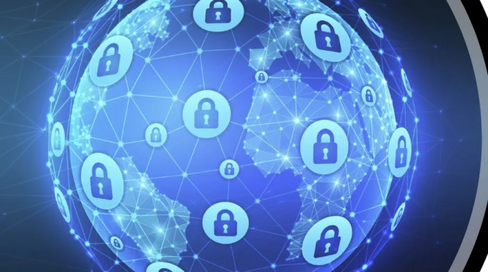 Digital globe with interconnected network and padlock icons symbolizing global cybersecurity and data protection.