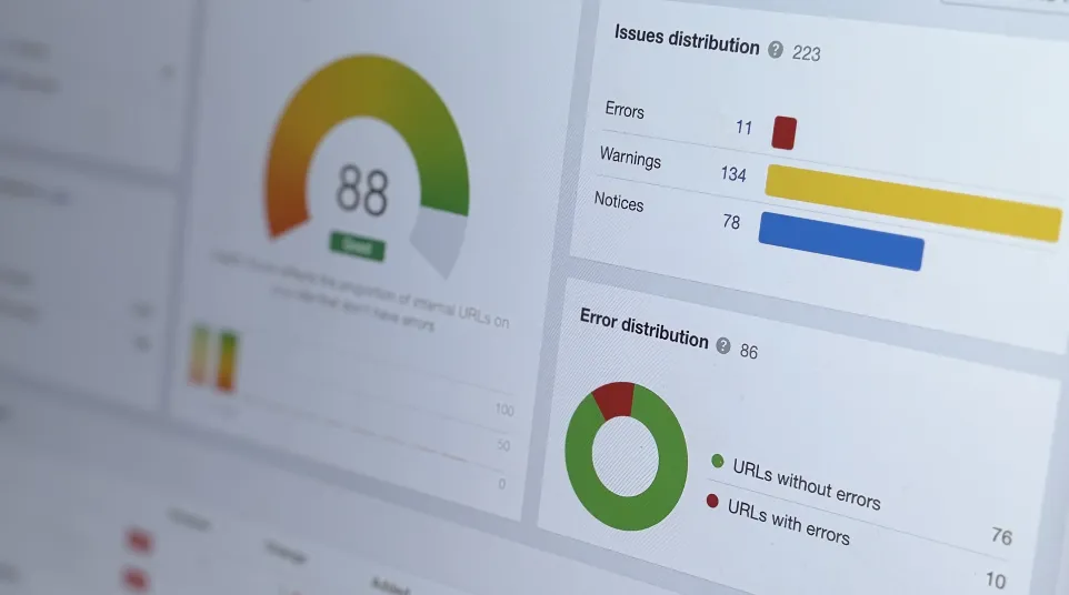 Screenshot of a website analytics dashboard showing error and warning distributions.
