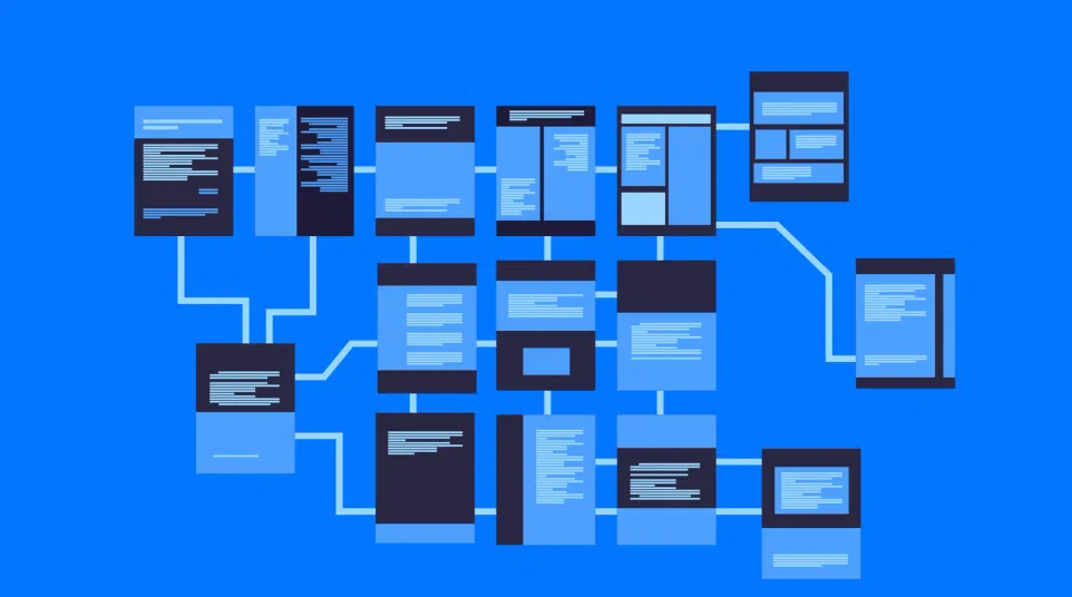 Diagram of a website sitemap with connected blue and black boxes representing pages and navigation flow.