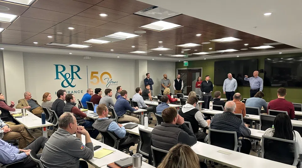 Office team attentively listening to speaker during a training session at R&R Insurance celebrating 50 years.