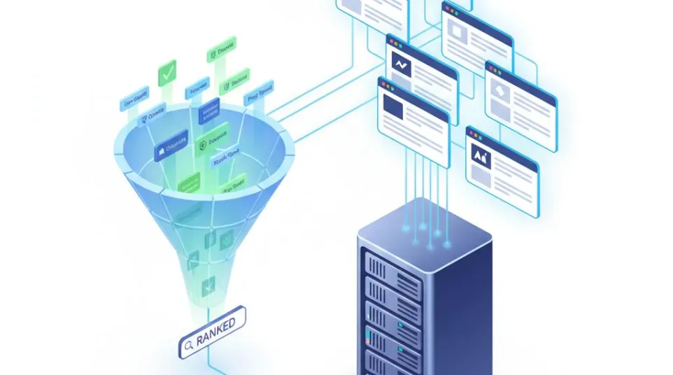 Illustration of data filtering through a funnel, processed by a server, and displayed as ranked search results in web windows.