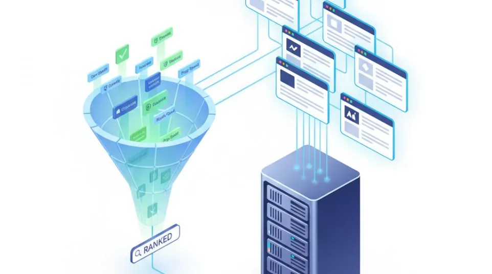 Illustration of data filtering through a funnel, processed by a server, and displayed as ranked search results in web windows.