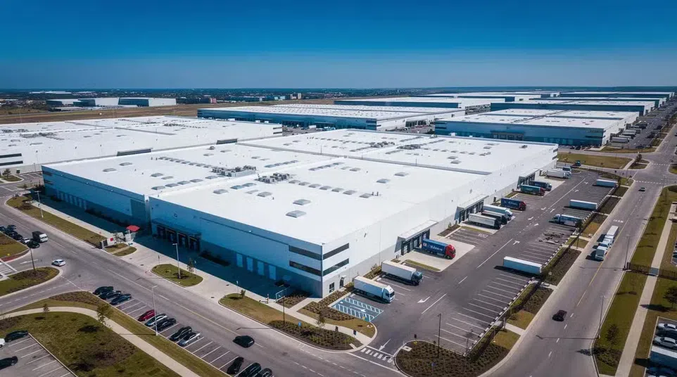 Aerial view of a large industrial warehouse complex with multiple loading docks and parked trucks under clear blue sky.