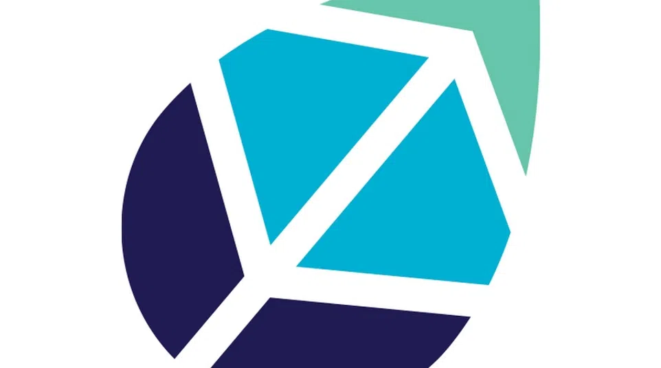 Abstract circular logo with segmented blue and teal geometric shapes forming an upward arrow design