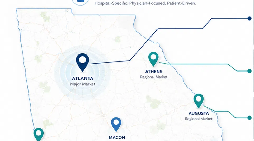 Georgia map highlighting major and regional healthcare markets including Atlanta, Savannah, Athens, Augusta, Macon, Columbus, and Albany.