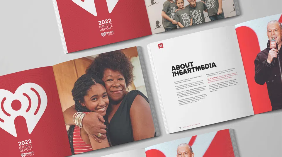 Open iHeartMedia 2022 Impact Report featuring diverse people and company information pages.