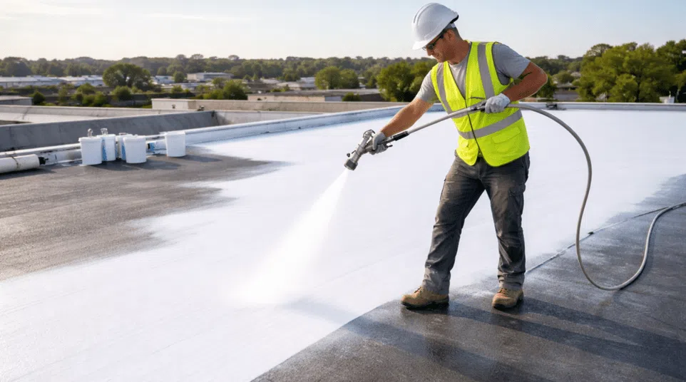 Construction worker in safety gear spraying white coating on flat rooftop under clear sky.