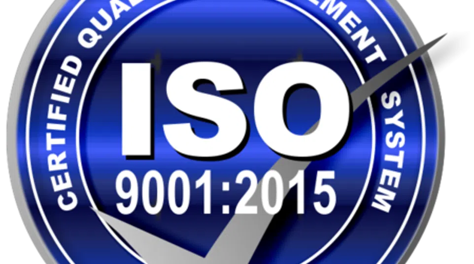 ISO 9001:2015 certified quality management system blue round badge with a silver check mark.