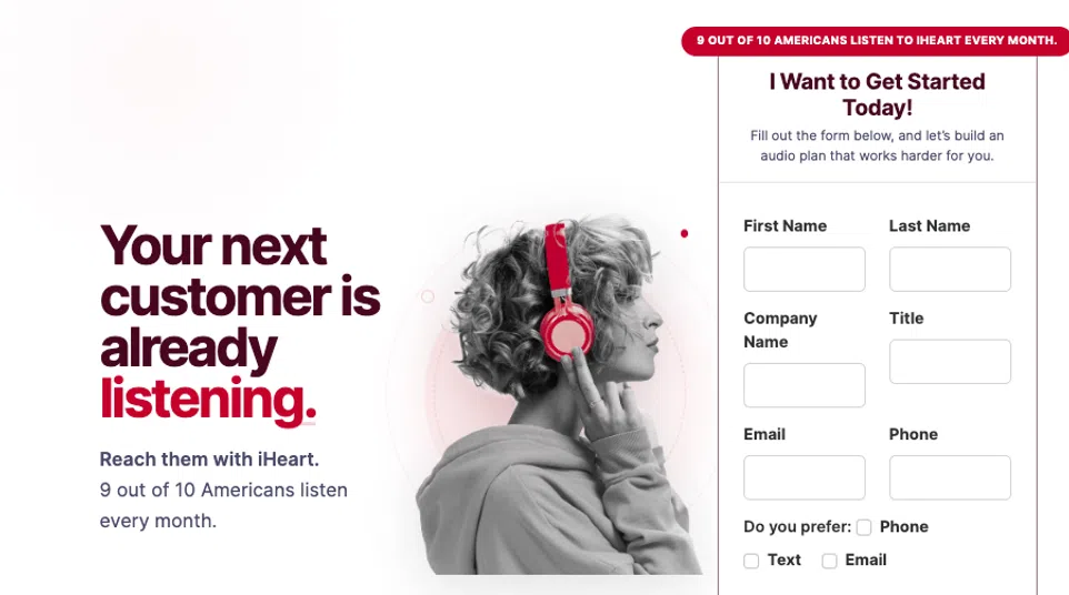 Website page featuring iHeart Media audio advertising stats and a form to get started with audio plans.