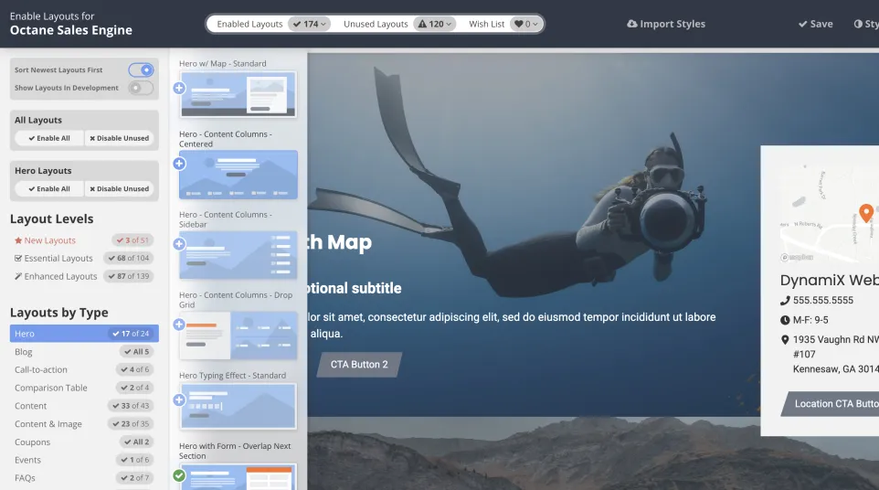 Screenshot of Octane Sales Engine interface showing layout options and a scuba diver hero image with contact details.