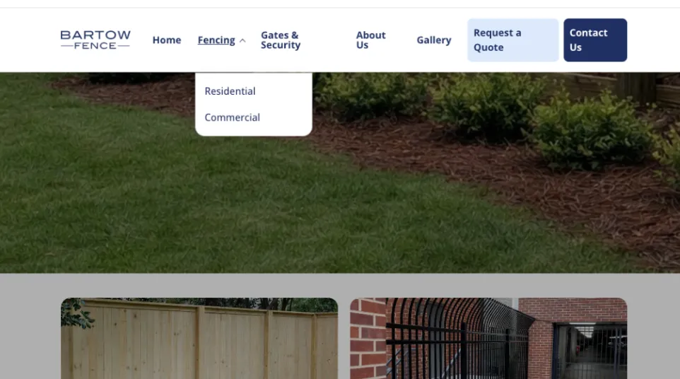 Website homepage showing Bartow Fence menu and options for residential and commercial fencing with images.