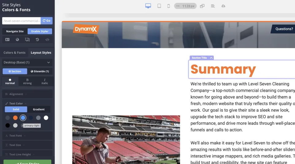 Website design interface showing a commercial cleaning company's summary section with orange heading and sidebar navigation.