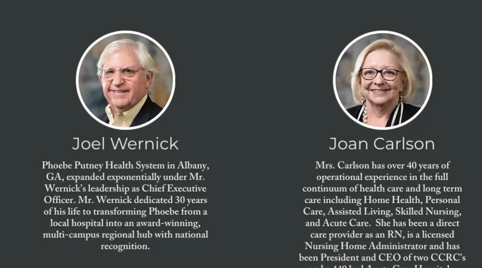 Four board members with portraits and bios on a dark background under the title Board of Directors.