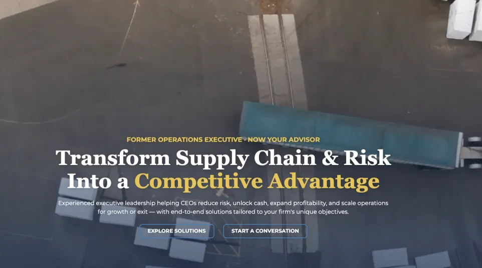 Aerial view of a shipping container and stacked cargo boxes at a logistics yard with supply chain consulting text overlay.