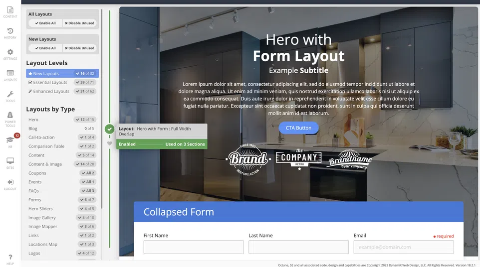 User interface of HouseCall Pro showing enabled hero form layout with kitchen background and form fields.
