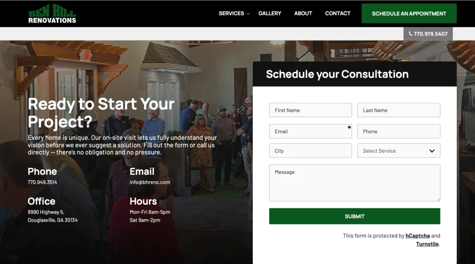 Home renovation consultation page with contact form and information for Ben Hill Renovations in Georgia.
