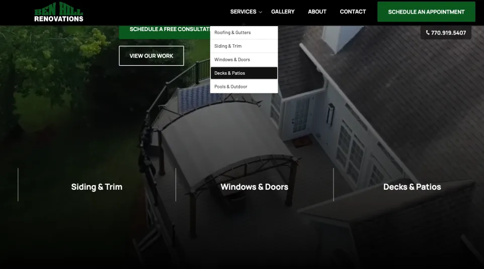 Aerial view of a house showing roofing, gutters, siding, trim, windows, doors, decks, patios, and outdoor pool area.