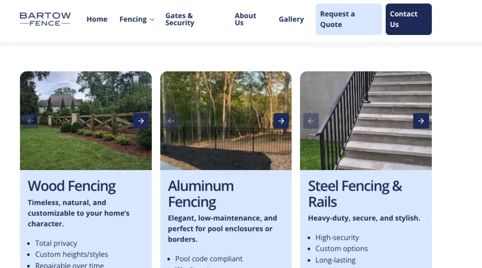 Various fencing types including wood, aluminum, steel, chain link, and composite fencing with features and benefits