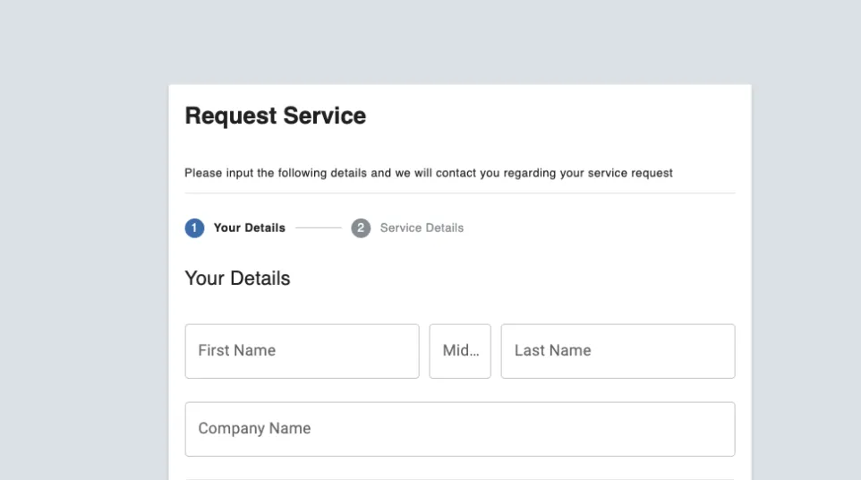 Online service request form asking for user details including name, company, email, and phone number with consent checkbox.