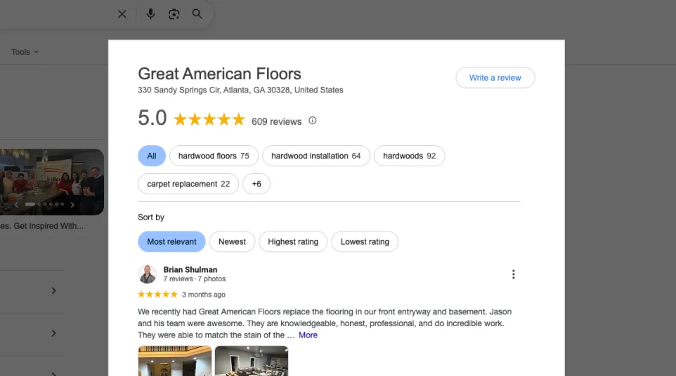 Google reviews page showing positive feedback and high ratings for Great American Floors flooring services.