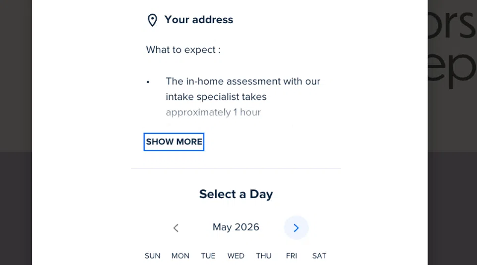 Online scheduling interface for Carepoint assessment booking with calendar selection for May 2026 dates.