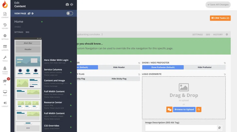 Website content editor interface showing layout options and drag-and-drop logo upload area with SEO settings.