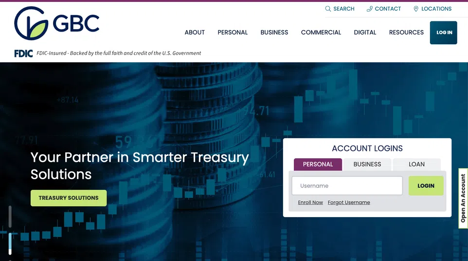 GBC bank homepage with login panel, stacked coins, and financial graph background promoting treasury solutions.