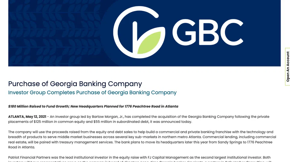 Georgia Banking Company logo with stylized leaf and letter G on blue background
