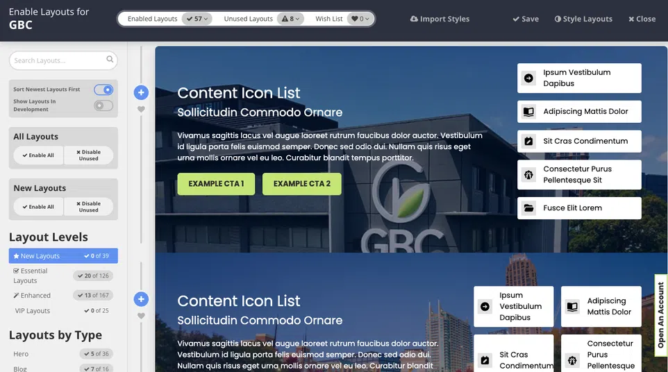 Web design layout interface showing content icon lists with example call-to-action buttons and cityscape backgrounds.