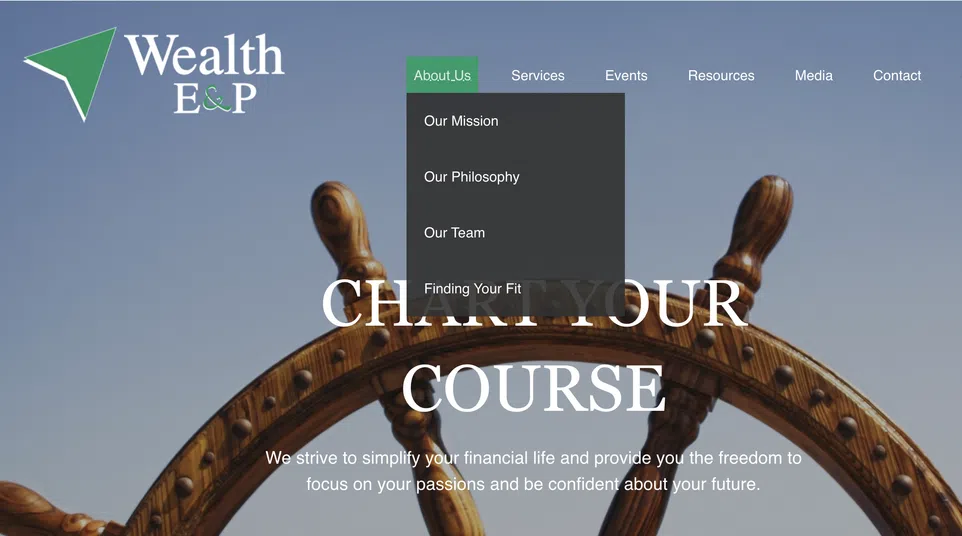 Wealth E&P website with navigation bar over a ship steering wheel symbolizing financial guidance and course setting.