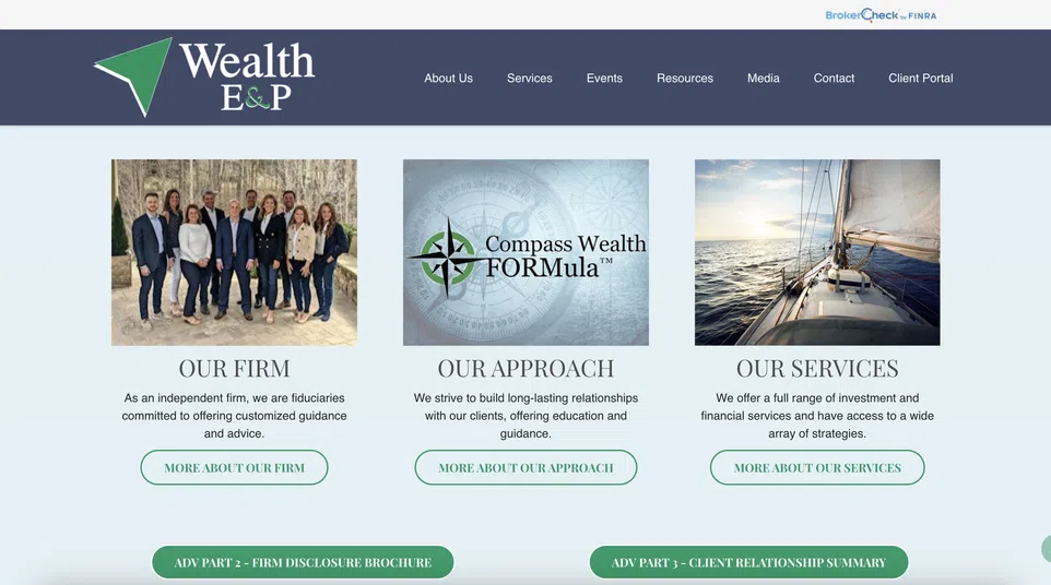 Wealth E&P website homepage showing firm team, Compass Wealth FORMulA approach, and investment services with calls to action.
