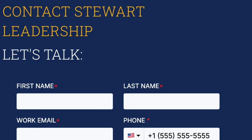Contact form for Stewart Leadership with fields for name, email, phone, company, title, and state on a blue background.