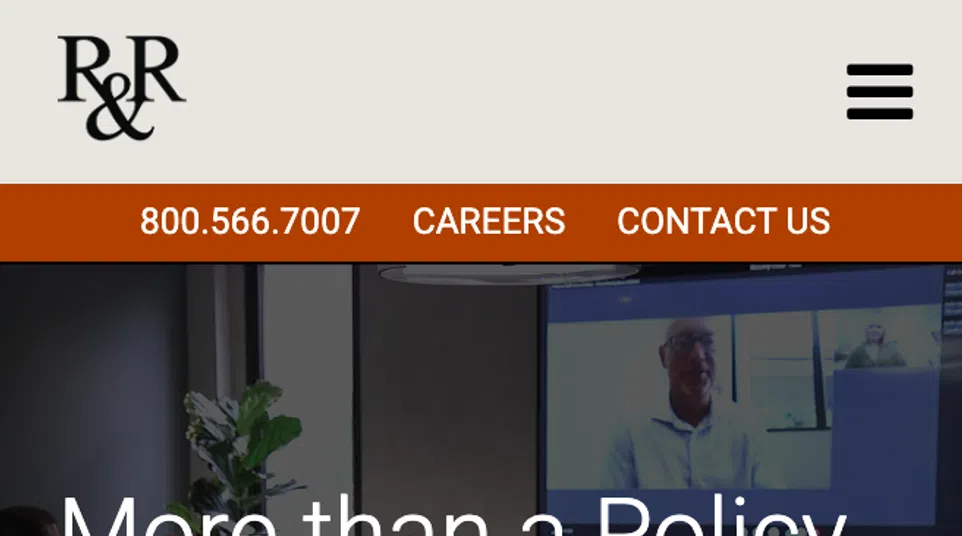 Business team watching virtual meeting on screen with insurance service website overlay and tagline promise.