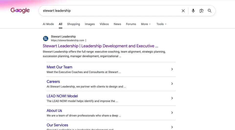 Google search results for Stewart Leadership showing website links and related questions about leadership coaching.