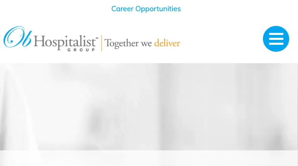 OB Hospitalist Group ad showing pregnant woman's belly and text about maternal care and hospital leadership.