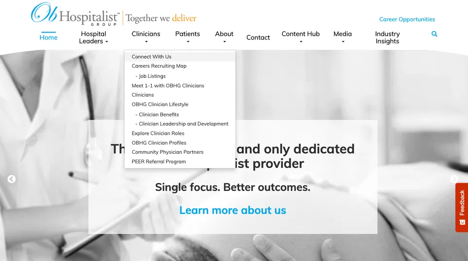 OB Hospitalist Group website homepage showing options for hospital leaders, clinicians, and patients with career and care info